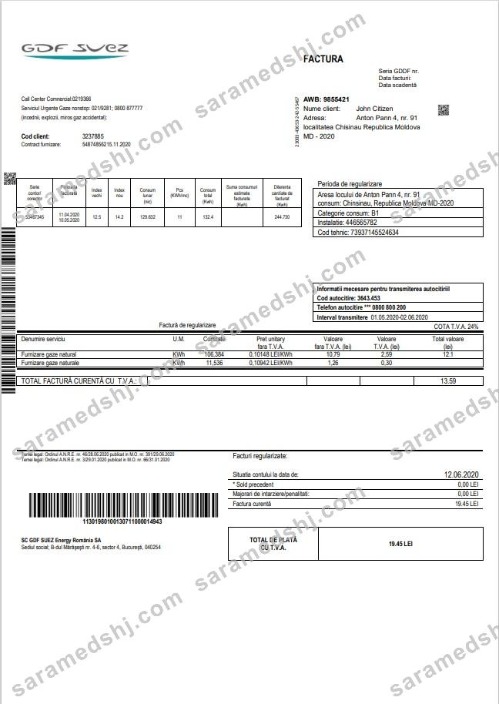 Moldova Gas utility bill template in Word and PDF format